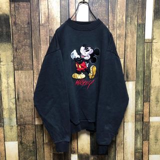 90s Disney ミッキー 刺繍入 二重リブ スウェット グレー L相当