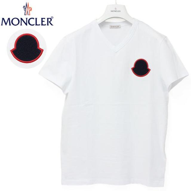 63 MONCLER ホワイト ロゴ Vネック コットン 半袖 Tシャツ S