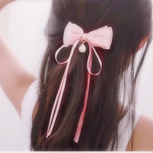パール付リボン2個セット【ピンク】 レディースのヘアアクセサリー(バレッタ/ヘアクリップ)の商品写真