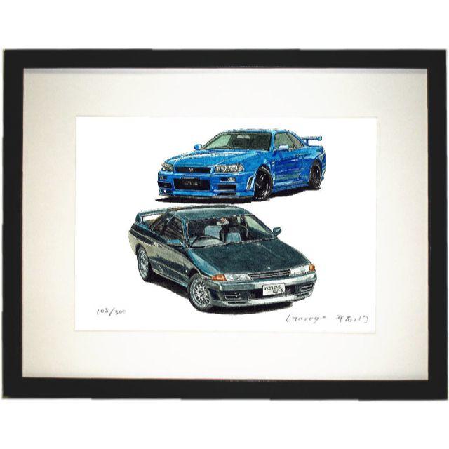 美術品/アンティークNC-388 GT-R R34/R32限定版画 直筆サイン額装済●作家平右ヱ門