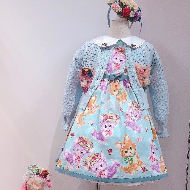 キッズ服女の子用(90cm~)新品　シャーリーテンプル　ねこフラワーpt　ワンピ　サックス　100