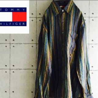 トミーヒルフィガー(TOMMY HILFIGER)のトミーヒルフィガー☆ 90s カラフル ストライプ エンブレムシャツ L 香港製(シャツ)