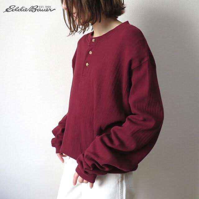 Eddie Bauer(エディーバウアー)の90s エディーバウアー ヘンリーネック Tシャツ ロンT 古着女子 レディースのトップス(Tシャツ(長袖/七分))の商品写真