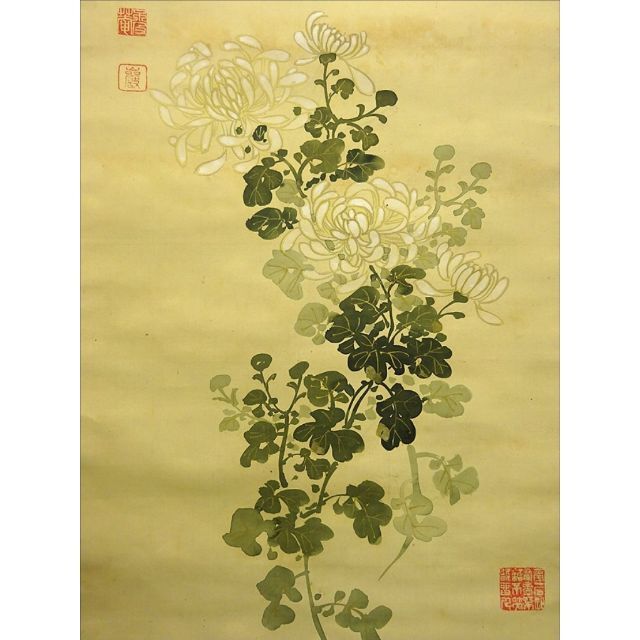 日本未発売】 【真作】掛軸 大山巌『詩画 明治天皇御製歌 菊』絹本 共箱付 a061714 絵画+タペストリー