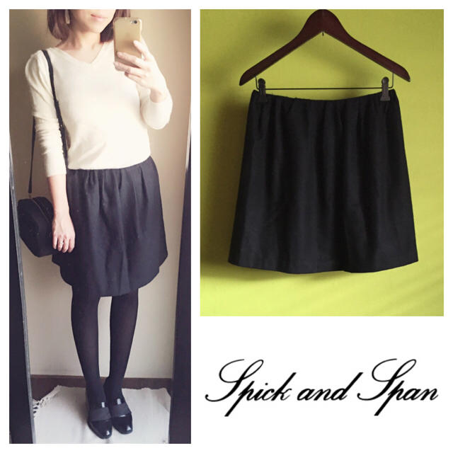 Spick & Span(スピックアンドスパン)の着画 タック ブラック シンプル ウール レディースのスカート(ひざ丈スカート)の商品写真