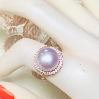 贅沢な12mm大粒♪金具純銀天然淡水真珠/ダイヤ入パール指輪♪サイズ：フリー♪m(リング(指輪))