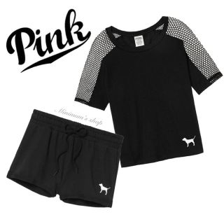 ヴィクトリアズシークレット(Victoria's Secret)のPINK ショルダーメッシュTシャツ＆ショーパンセット(Tシャツ(半袖/袖なし))