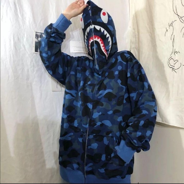 ダブル シャーク パーカーape BAPEベイプABC camo blue 迷彩