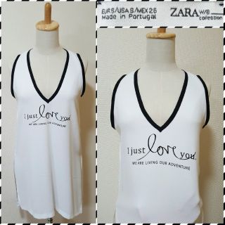 ザラ(ZARA)の新品★タグ付★ノースリーブ★異素材ミックス★切り替え★テキスト★サイドスリット(カットソー(半袖/袖なし))