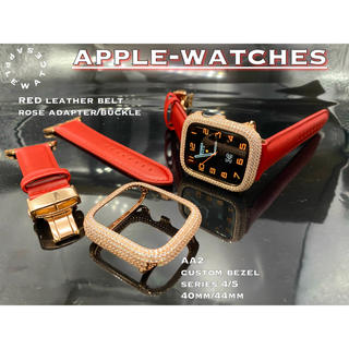 アップルウォッチ(Apple Watch)のレッドレザーxローズ■アップルウォッチカスタムセット■シリーズ456se(腕時計)