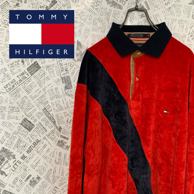 90s トミーヒルフィガー ラガーシャツ 長袖ポロシャツ ベルベット ベロア素材