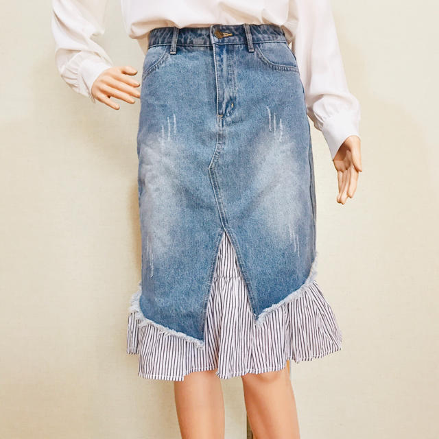 【新品】膝丈デニムスカート 二層 ダメージデニム かさねぎ風 レディースのスカート(ひざ丈スカート)の商品写真