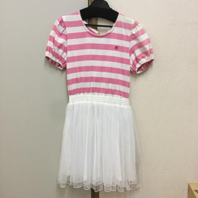 kids❤️ボーダー×チュールドッキングワンピ ベルト付き ピンク160 キッズ/ベビー/マタニティのキッズ服女の子用(90cm~)(ワンピース)の商品写真