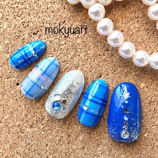 Mokyuart41 ブルーチェック ネイルチップ 青 星 野球 Mokyuart41 ブルーチェック ネイルチップ 青 星 野球
