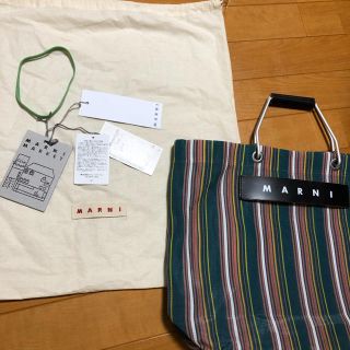 マルニ(Marni)のmarni ストライプバッグ　グリーン(かごバッグ/ストローバッグ)