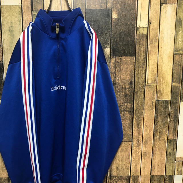 90s adidas デサント製 ハーフジップジャージ O-XO 青 赤 白