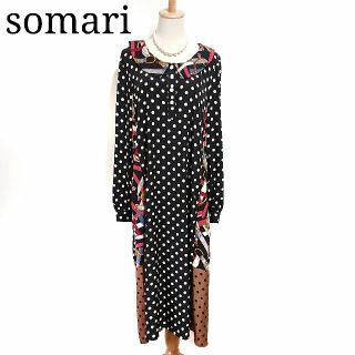 極美品 somari ロングワンピース 水玉 ドット レトロ 総柄 ブラック(ロングワンピース/マキシワンピース)