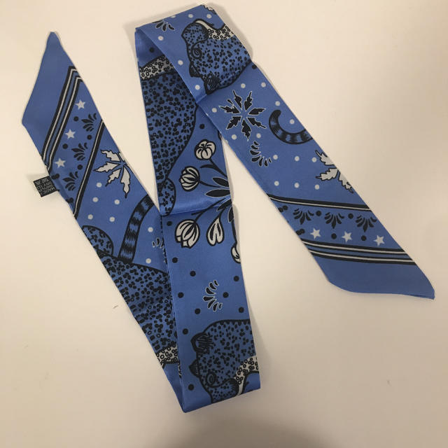 【特別セール品】 リボン　スカーフ　ツイリー  ヒョウ柄　ブルー   バンダナ+スカーフ