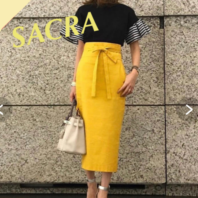 SACRA 綿麻 細見え タイトスカート ウエストリボン イエロー 36 美品