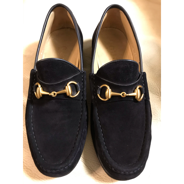 美品☆GUCCI ローファー 紺(ネイビー)ヌバック×ゴールドホースビット