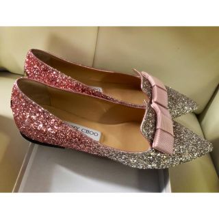 ジミーチュウ(JIMMY CHOO)のJIMMY CHOO グリッターリボンフラットシューズ 一番人気ピンクグラデ (ハイヒール/パンプス)