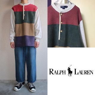 ラルフローレン(Ralph Lauren)の90sUS古着 ラガーシャツ スウェット地 ボーダー レトロ カラフル メンズ(ポロシャツ)