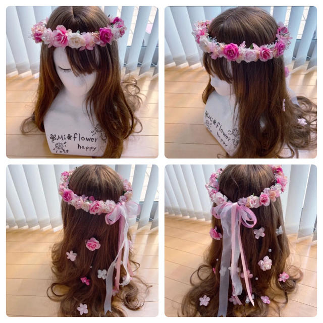 花かんむり♡リストブーケ♡花ピン ピンク♡オレンジ - ヘッドドレス