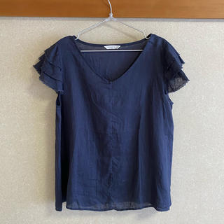 スタディオクリップ(STUDIO CLIP)のスタジオクリップ　紺色リンネのフリル袖ブラウス　美品(シャツ/ブラウス(半袖/袖なし))