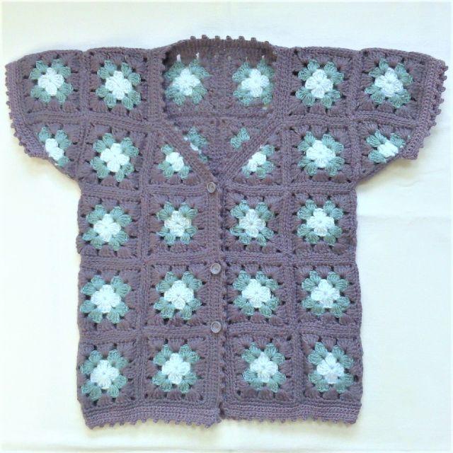 ニット 手編み モチーフ カーディガン 半袖 厚手 紫×青 未使用