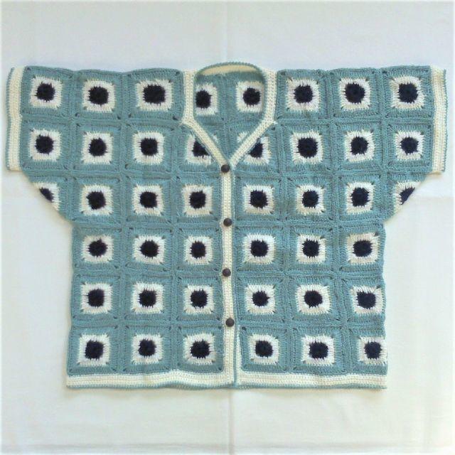 ニット 手編み モチーフ カーディガン 半袖 青×白×紺 未使用