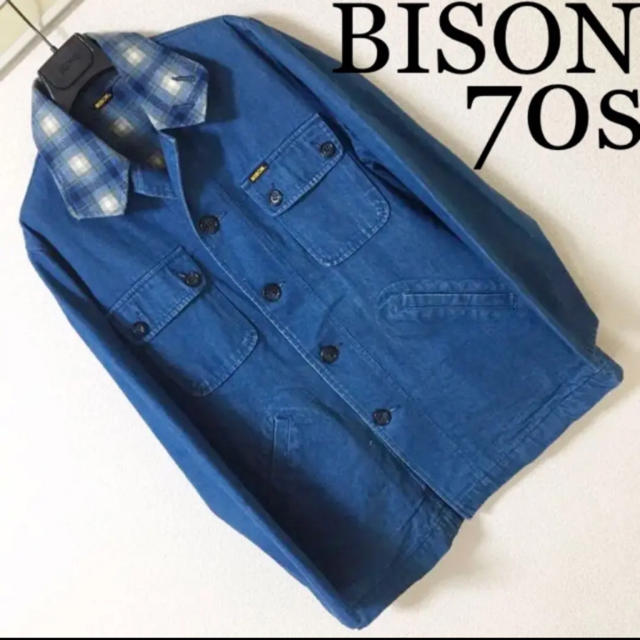 70s◆BISON バイソン◆デニム カバーオール ジャケット チェック M