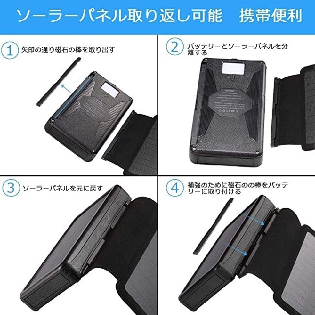 大容量ソーラーチャージャーモバイルバッテリー 太陽光パネルスマホ携帯急速充電器 スマホ/家電/カメラのスマートフォン/携帯電話(バッテリー/充電器)の商品写真