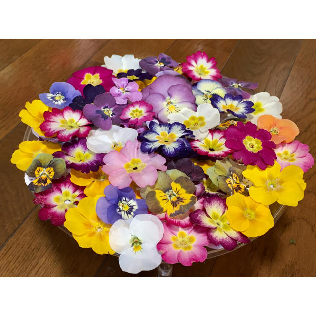 お花屋さんが作った春色プリムラ30冠と彩りビオラ40冠の山盛り70冠‼️ ハンドメイドのフラワー/ガーデン(ドライフラワー)の商品写真