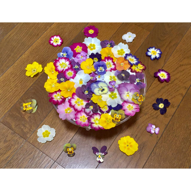 お花屋さんが作った春色プリムラ30冠と彩りビオラ40冠の山盛り70冠‼️ ハンドメイドのフラワー/ガーデン(ドライフラワー)の商品写真