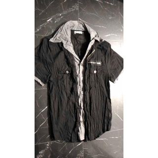 フェイクレイヤードシワ加工半袖シャツ/夏服クリンクル加工重ね着(シャツ)