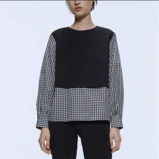 ザラ(ZARA)のZARA＊新品 コントラストコンビ 異素材 ギンガムチェック柄 長袖 トップス(シャツ/ブラウス(長袖/七分))