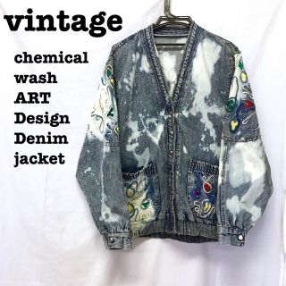 サンタモニカ(Santa Monica)の美品【 vintage 】 ケミカルウォッシュデニムジャケット アート刺繍デニム(Gジャン/デニムジャケット)