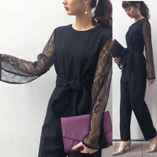 ラグナムーン レーススリーブ コンビネゾン パンツドレス ブラック S