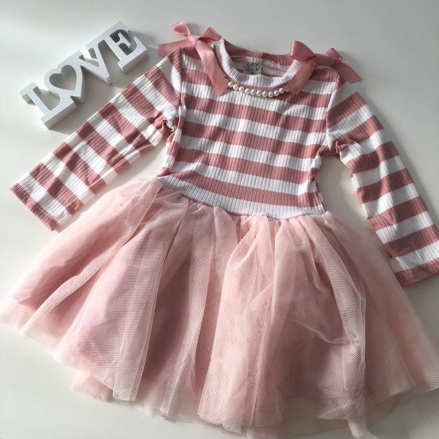 新品 130㎝ ボーダー ワンピース ピンク チュールスカート 子供服 女の子 キッズ/ベビー/マタニティのキッズ服女の子用(90cm~)(ワンピース)の商品写真