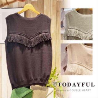 トゥデイフル(TODAYFUL)のTODAYFUL フリンジニットタンク ノースリーブ 無地 墨黒 ブラック 春(カットソー(半袖/袖なし))