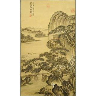 掛軸 唐寅『山水図』中国画 絹本 箱付 掛け軸 w08104