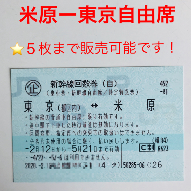 新幹線乗車券・自由席特急券 米原-東京