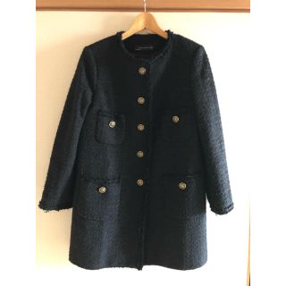 ザラ(ZARA)のZARA ノーカラーツイードロングジャケット(ノーカラージャケット)