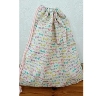 ハンドメイド ナチュラル リボン柄  お着替え袋 40×35 巾着 入園入学(体操着入れ)