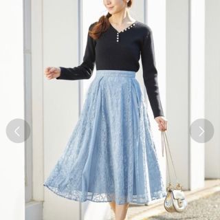 トッコ(tocco)のtocco closetフラワーレース×ドットチュール切替スカート(ひざ丈スカート)