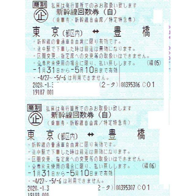 新幹線 東京～豊橋 自由席 回数券2枚（片道定価8570円） 鉄道乗車券