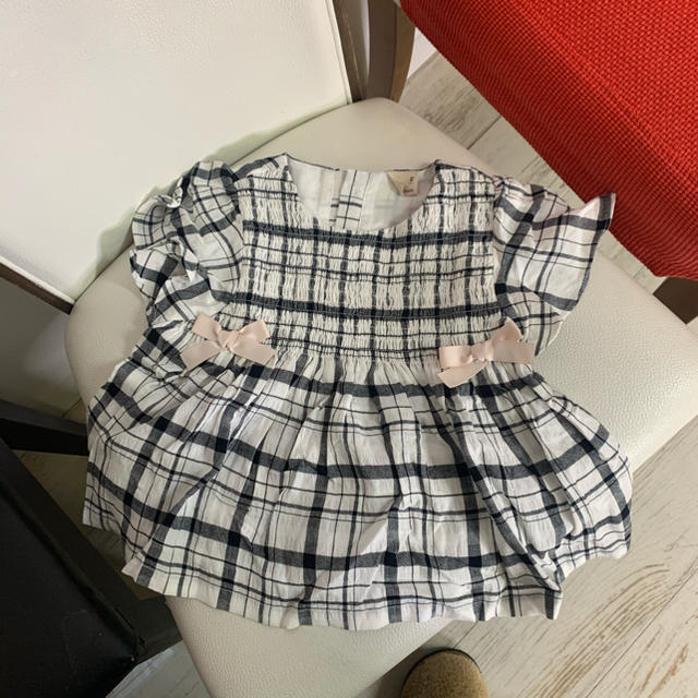 kids 半袖ワンピースチュニック　チェック黒　90cm キッズ/ベビー/マタニティのキッズ服女の子用(90cm~)(ワンピース)の商品写真