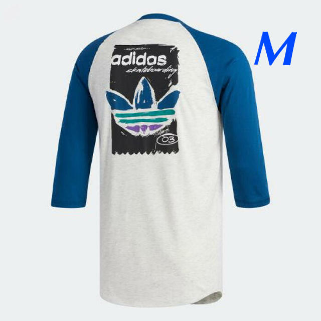 adidas(アディダス)の【メンズＭ】ライトグレー/青  7分丈スリーブＴシャツ メンズのトップス(Tシャツ/カットソー(七分/長袖))の商品写真