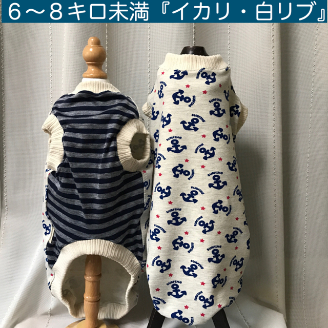 ダックス６〜８キロ未満『イカリ柄・白リブ』メルロコ　犬服 ハンドメイドのペット(ペット服/アクセサリー)の商品写真