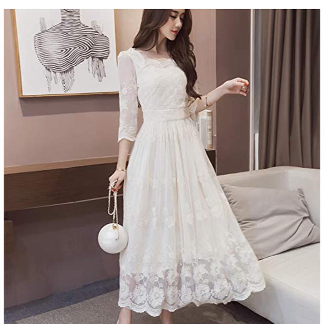ドレス ワンピース 刺繍 結婚式 二次会 ロング丈 ホワイト パーティ レディースのフォーマル/ドレス(ロングドレス)の商品写真
